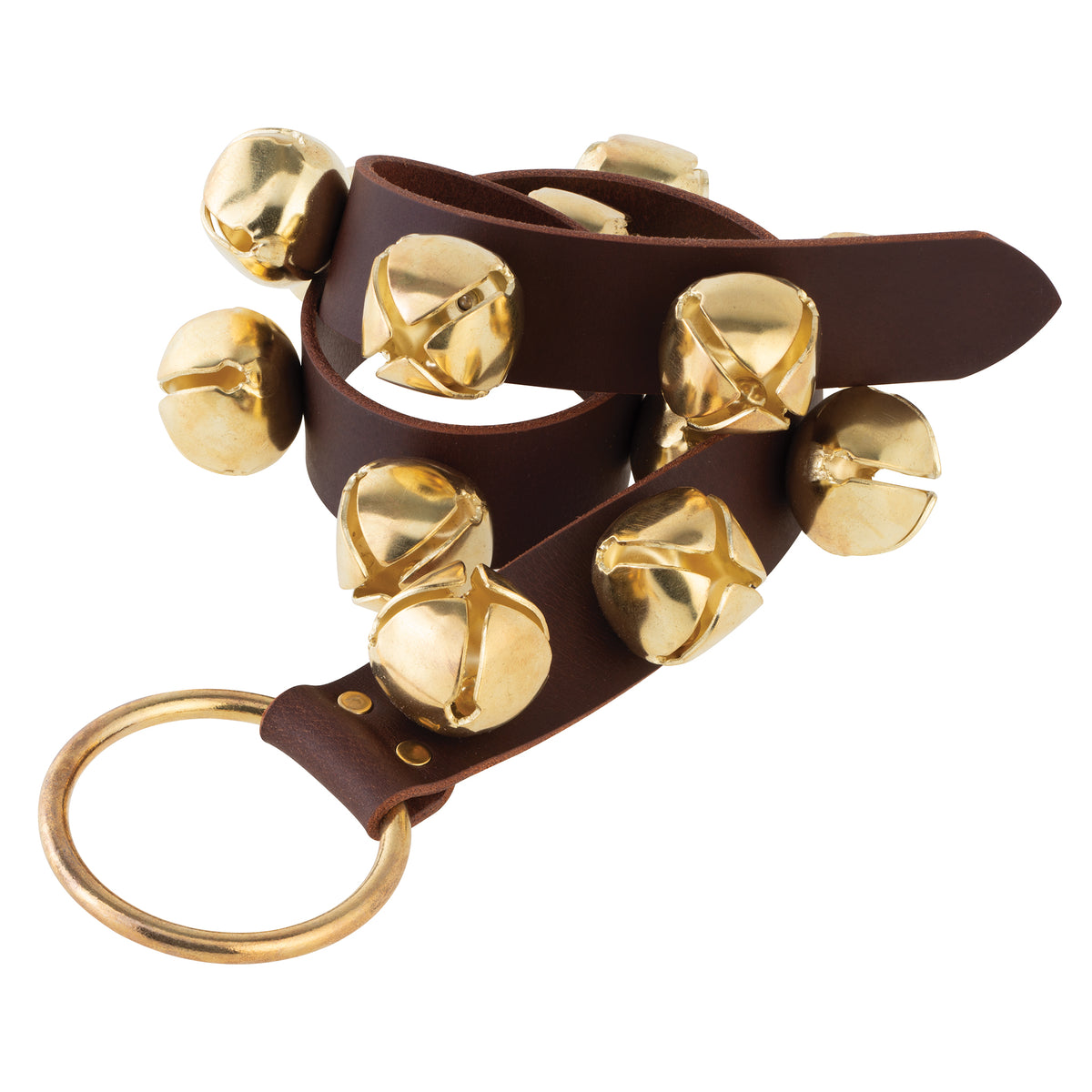 32" Brown, Antique Brass Sleigh Bells on Strap, Leather