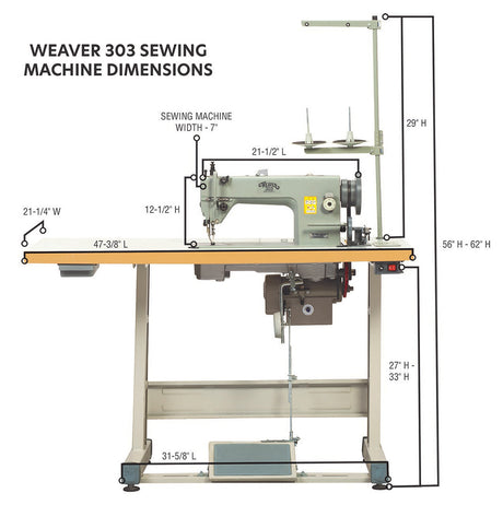 Weaver 303 Leather Sewing Machine, Complete with Stand & Servo Motor, dimensions