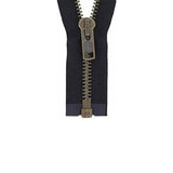 #10 Metal, Black, 30" Separating Bomber Jacket Zipper with Antique Brass Teeth