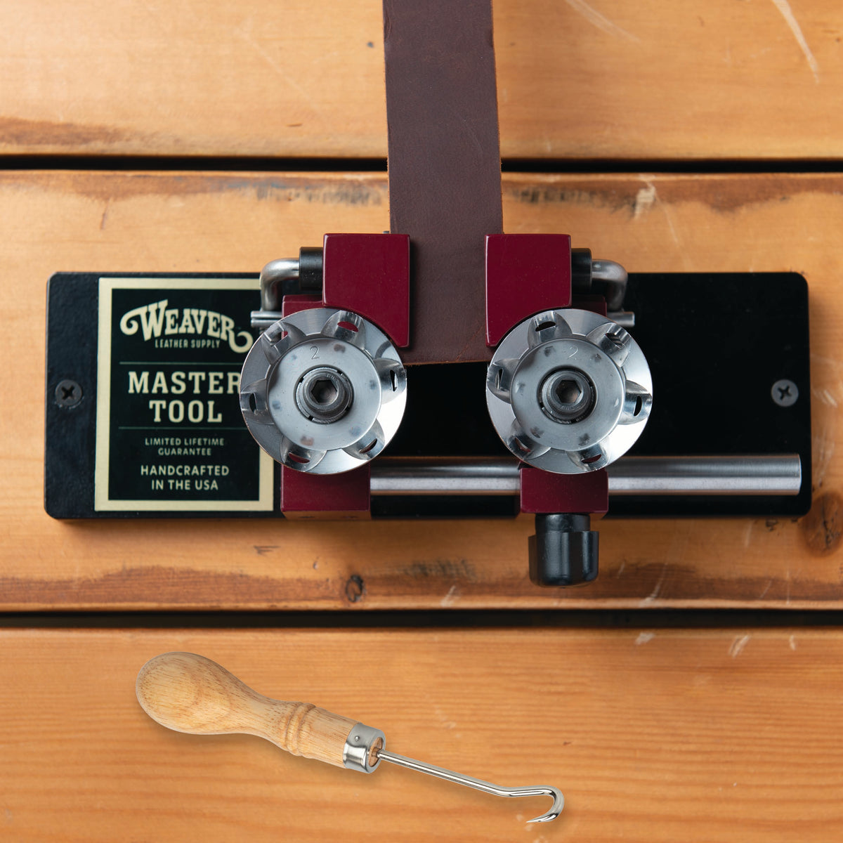 Master Tool EZ Edge Strap Beveler, in use, top