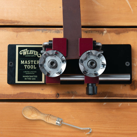 Master Tool EZ Edge Strap Beveler, in use, top